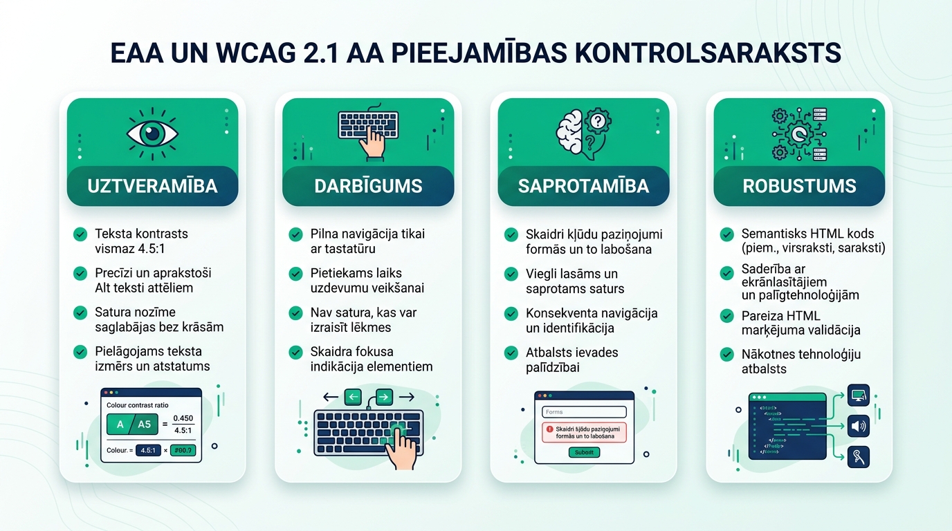 Eiropas Pieejamības akta un WCAG 2.1 AA galvenais prasību kontrolsaraksts