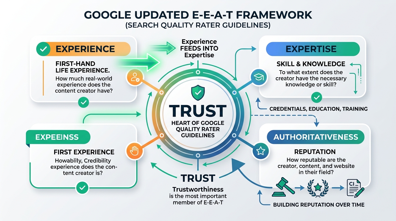 Google E-E-A-T sistēmas četru pīlāru diagramma