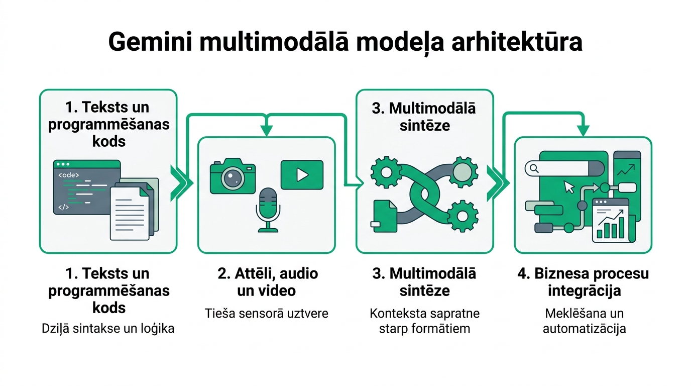 Google Gemini multimodālā modeļa arhitektūra un datu plūsma