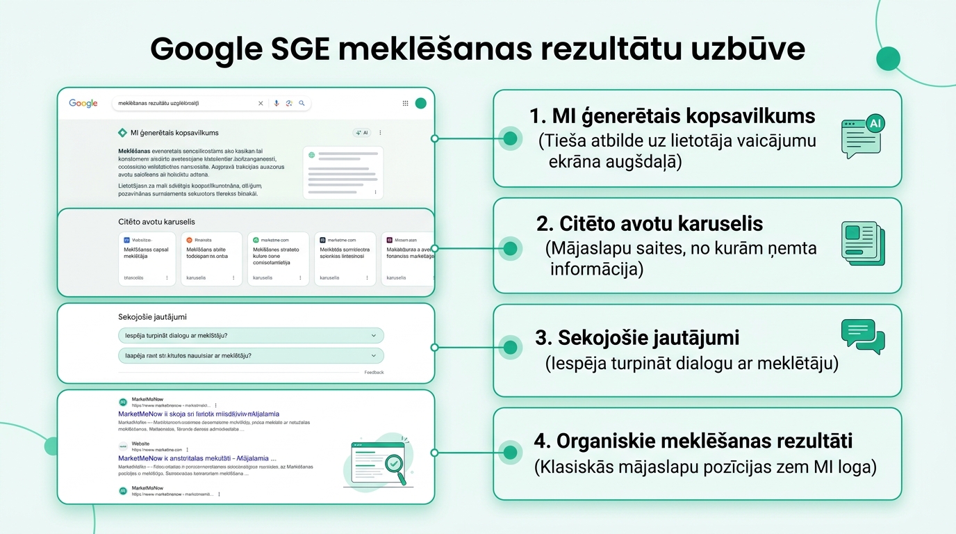 Google SGE meklēšanas rezultātu uzbūve un elementu izvietojums