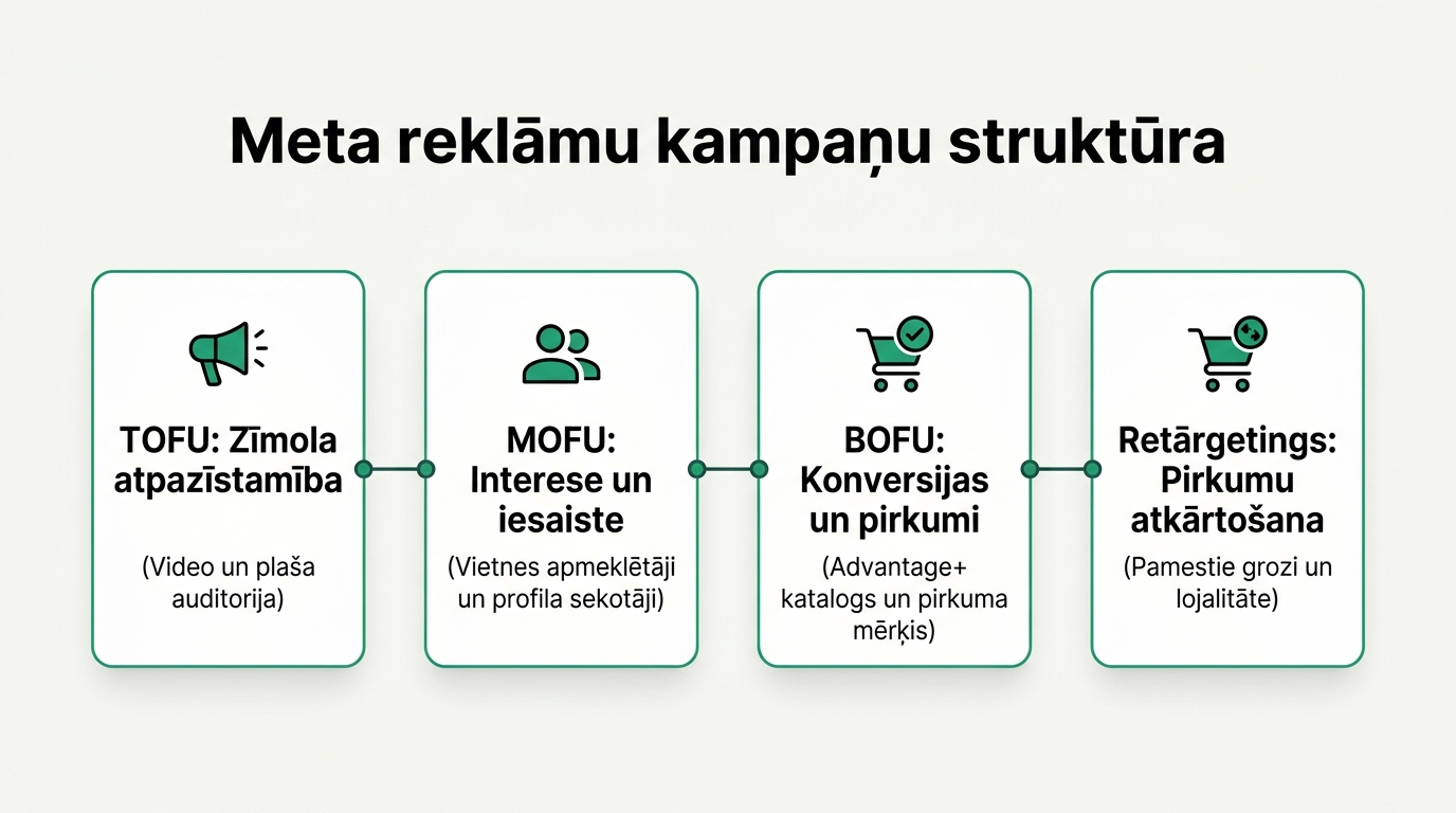 Meta reklāmu kampaņu arhitektūra un piltuves posmi