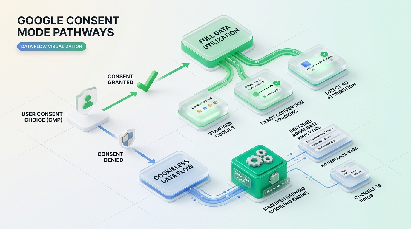 Google Consent Mode datu plūsmu shēma ar piekrišanu un bez tās