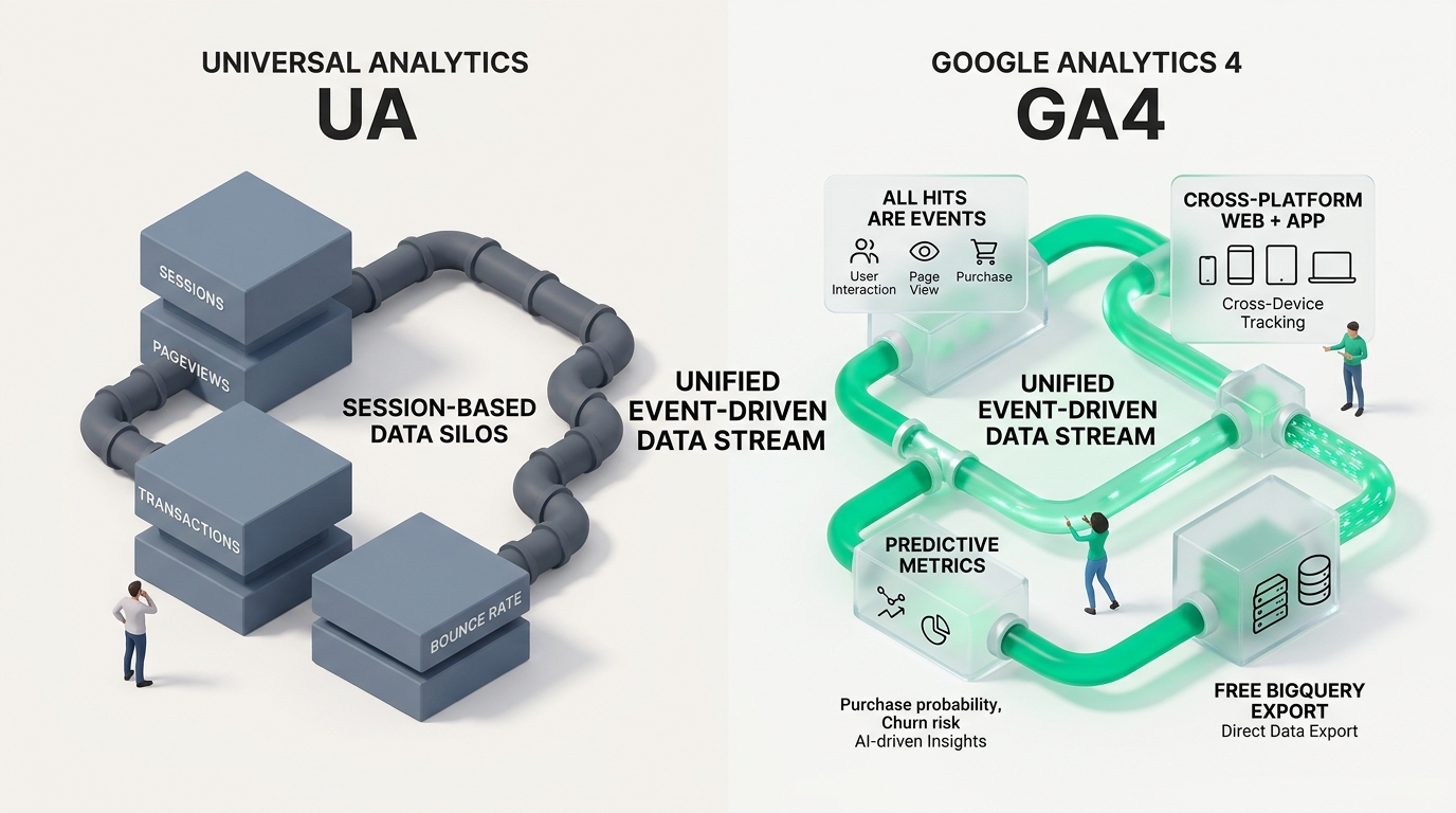 Universal Analytics un Google Analytics 4 datu arhitektūras salīdzinājums