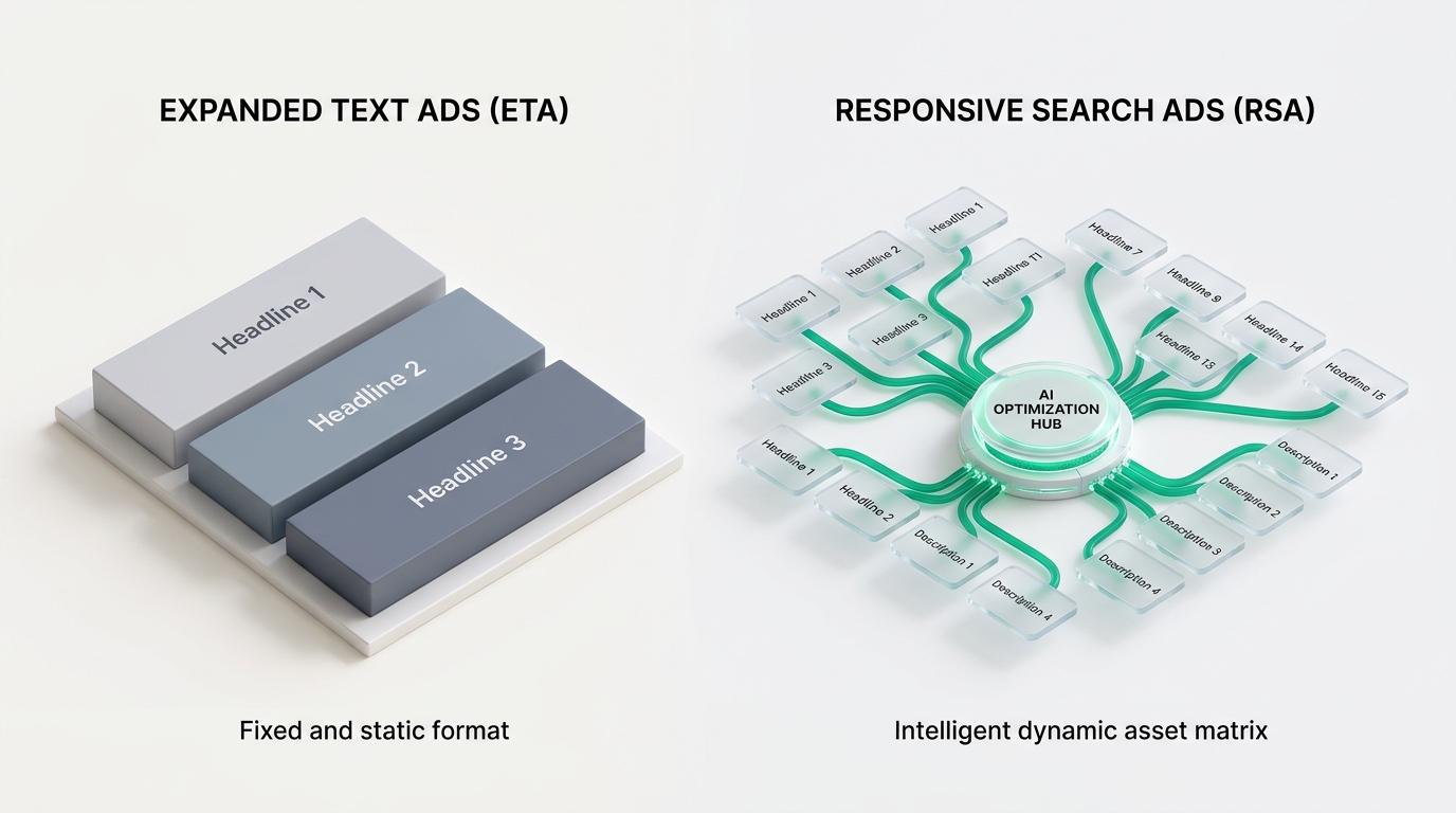 Expanded Text Ads un Responsive Search Ads salīdzinājuma diagramma