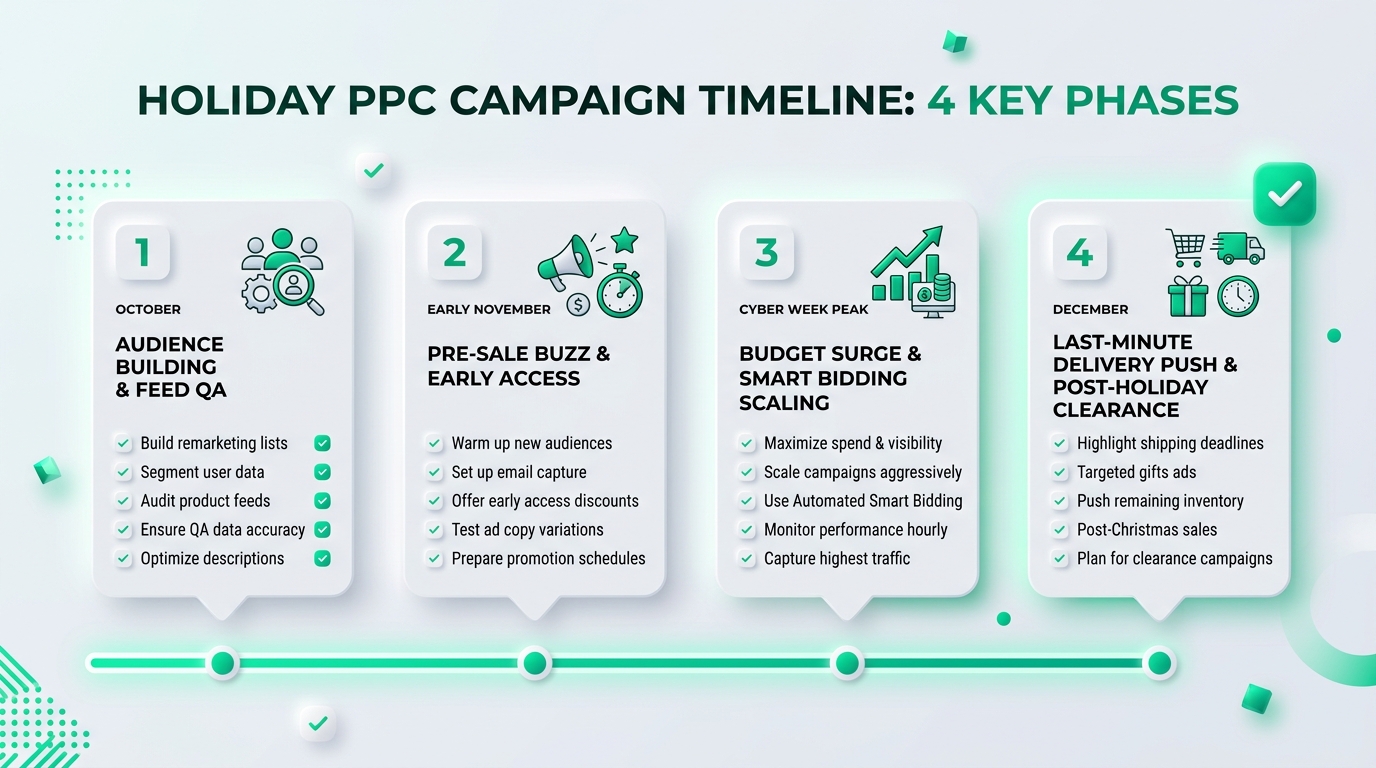 PPC kampaņu sagatavošanas 4 posmi no oktobra līdz decembrim