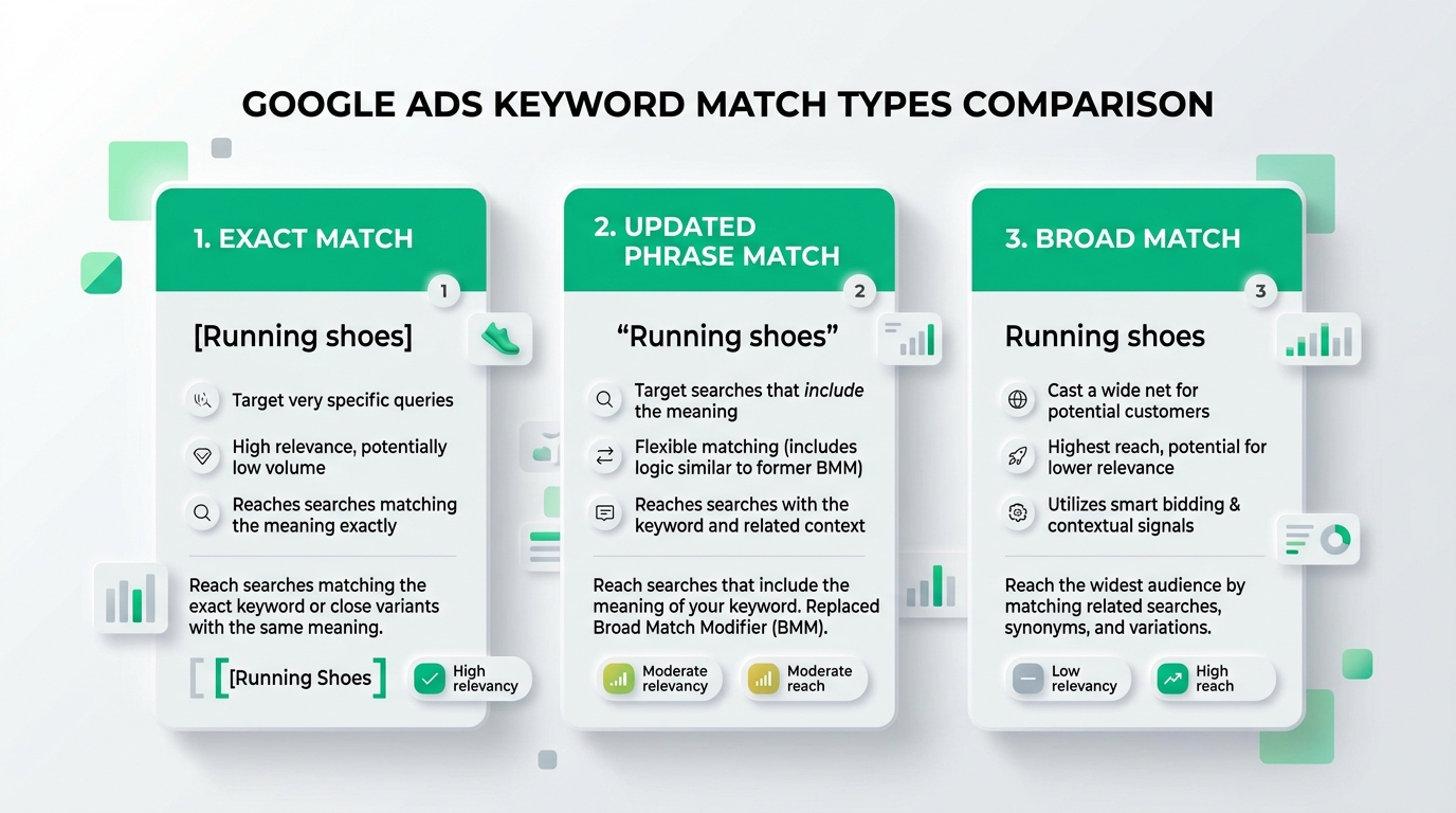 Google Ads Exact Match Phrase Match un Broad Match salīdzinājums