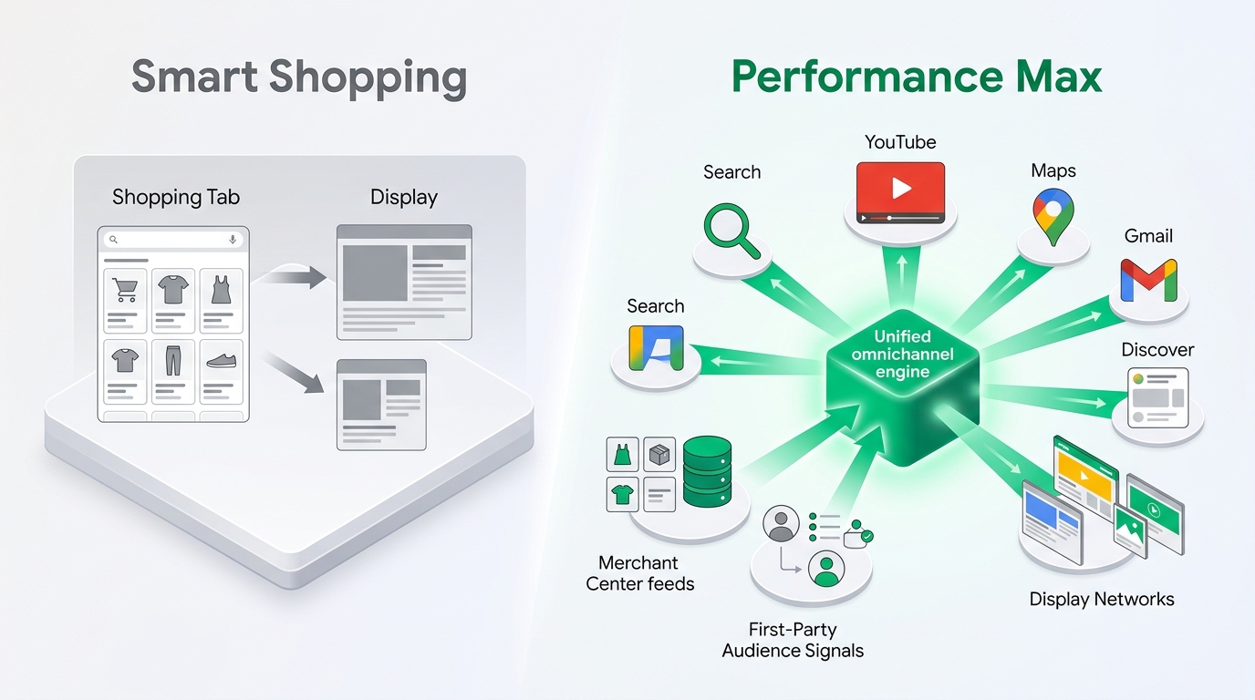 Google Performance Max kanālu un datu apstrādes arhitektūra