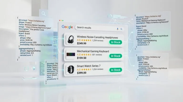 Struktūrdati (Schema Markup) e-komercijai: Kā iegūt cenu, pieejamības un atsauksmju bagātinātos rezultātus