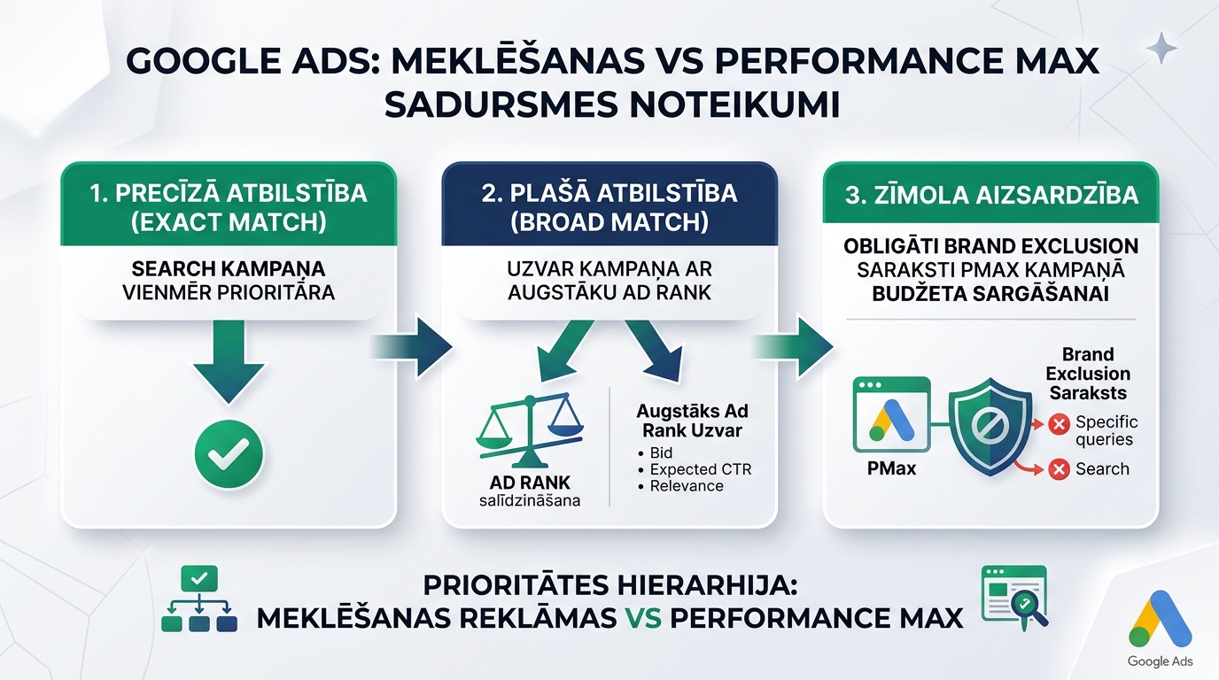 Google Ads meklēšanas kampaņu un Performance Max prioritātes un sadursmes noteikumi