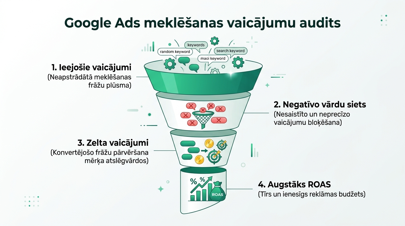 Google Ads meklēšanas vaicājumu audita un sijāšanas piltuve