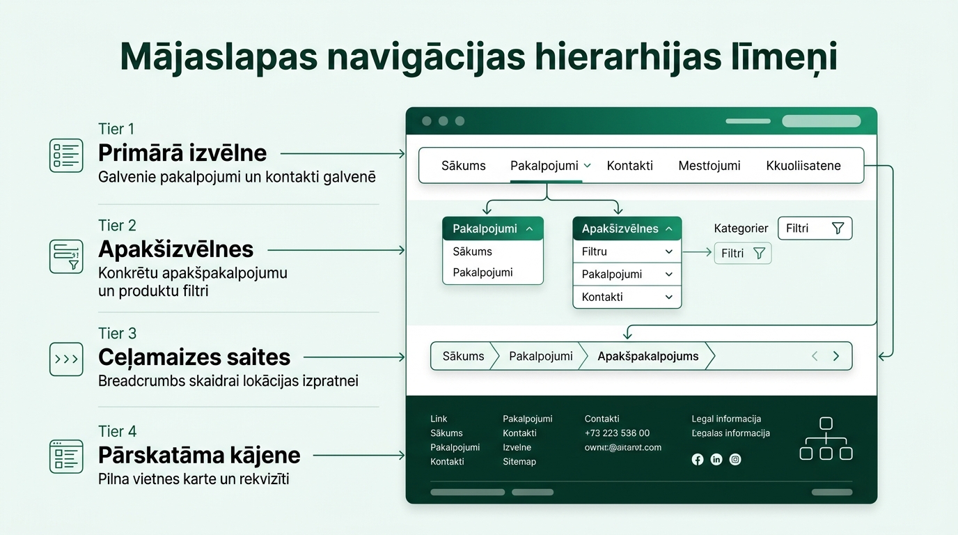 Mājaslapas navigācijas hierarhijas līmeņi un arhitektūra